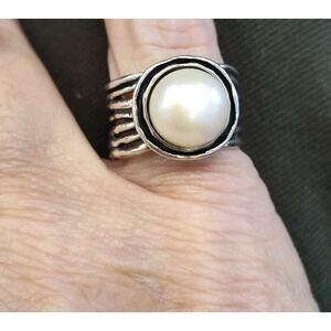 Noa Zuman 925 Sterling Silver White Pearl 11mm Wide Band Ring Size 6.75